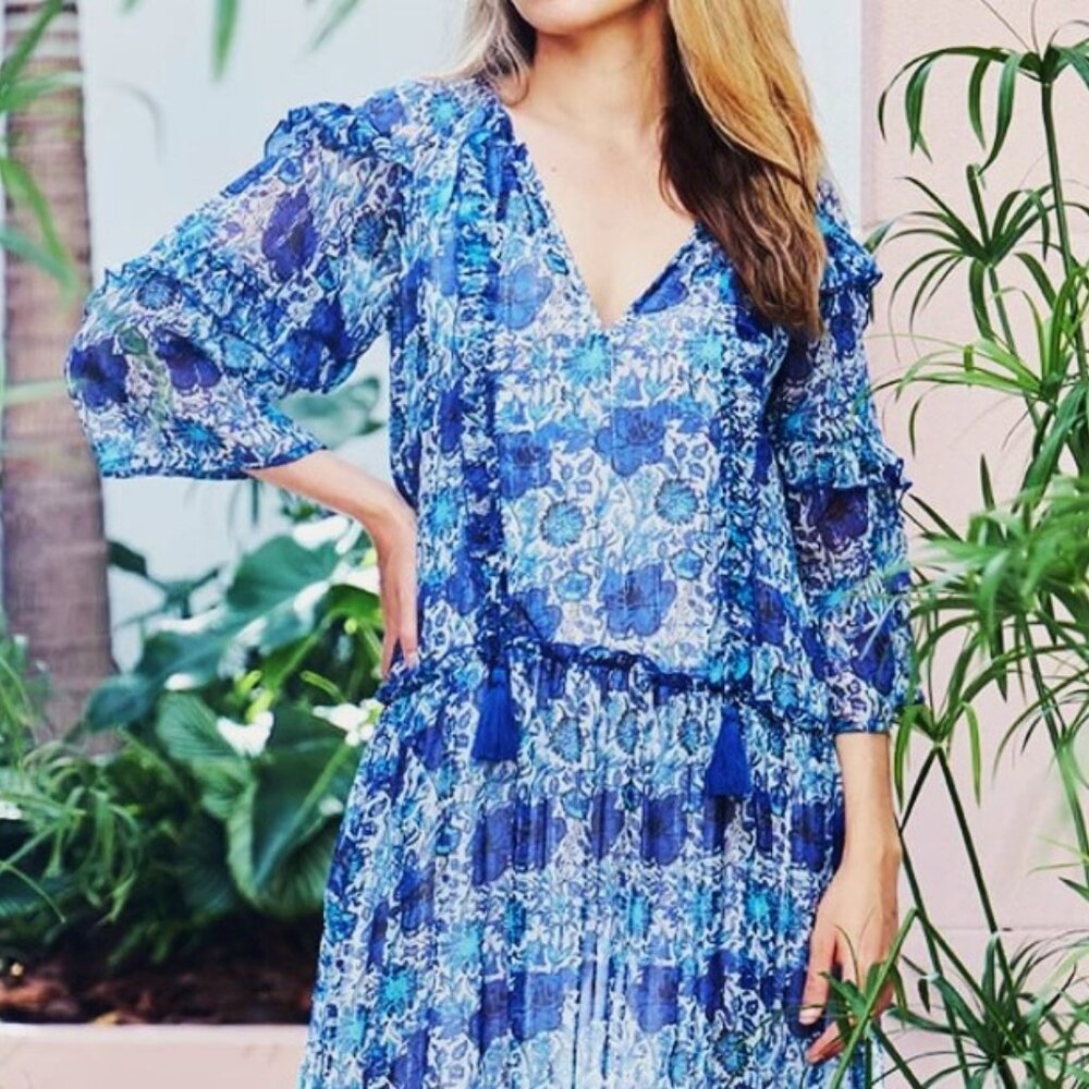 Debbie Katz Chiffon Midi Dress SMALL (4-6) Blue Paisley Tiered Flowy Boho $105 - Picture 3 of 10